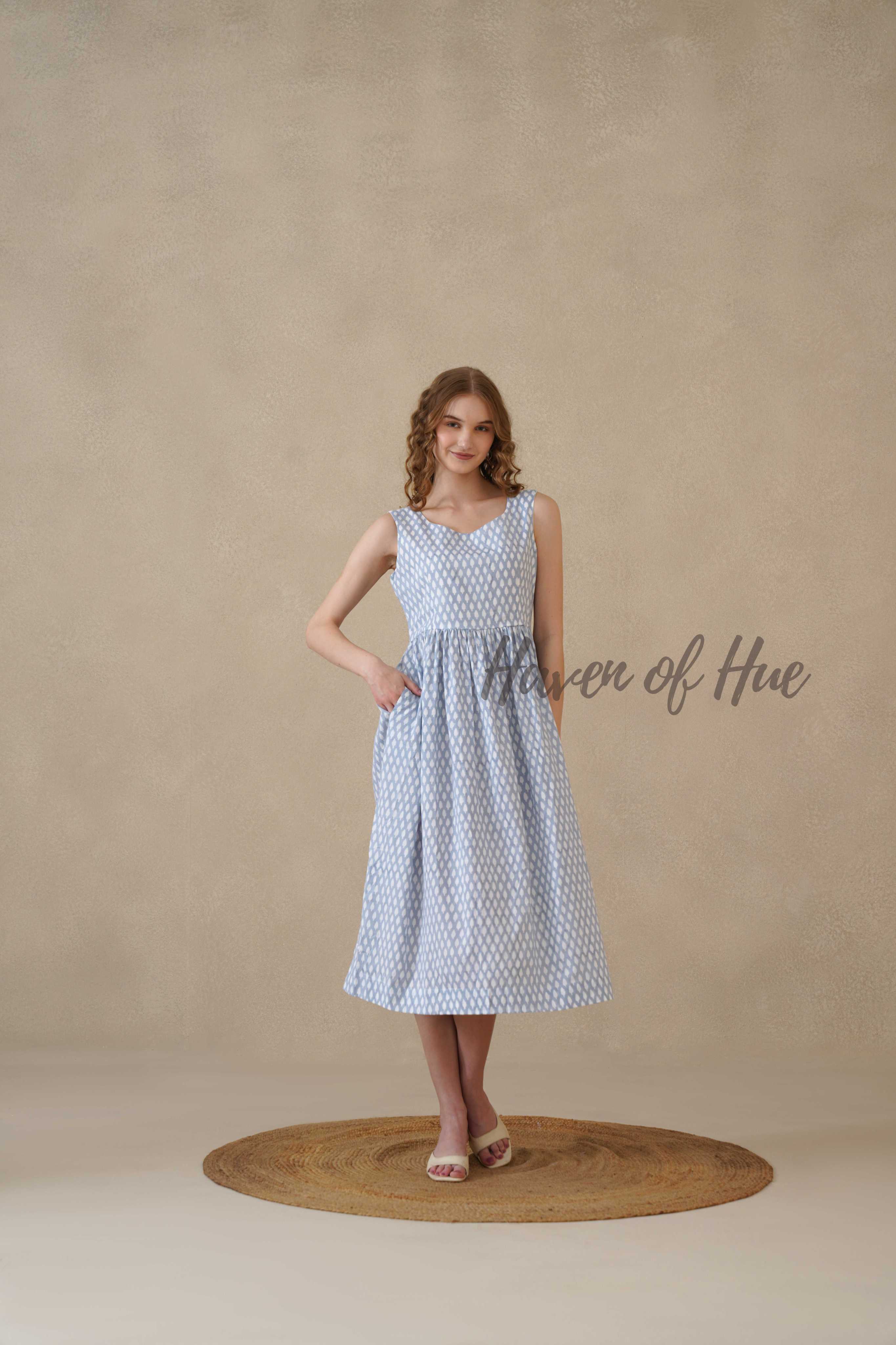 Blue Sleeveless Cotton Dress with White Floral Print