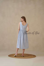 Blue Sleeveless Cotton Dress with White Floral Print