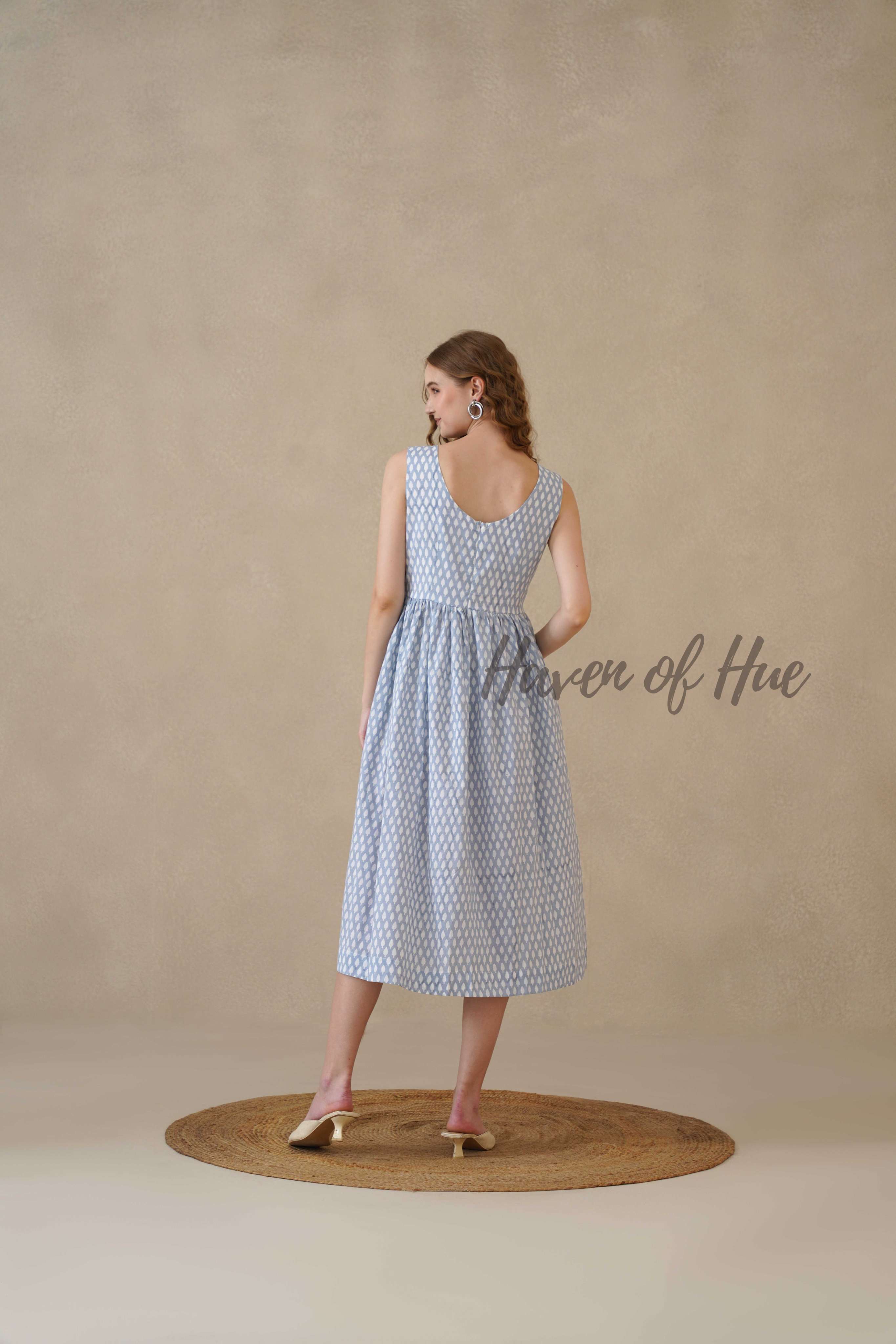 Blue Sleeveless Cotton Dress with White Floral Print