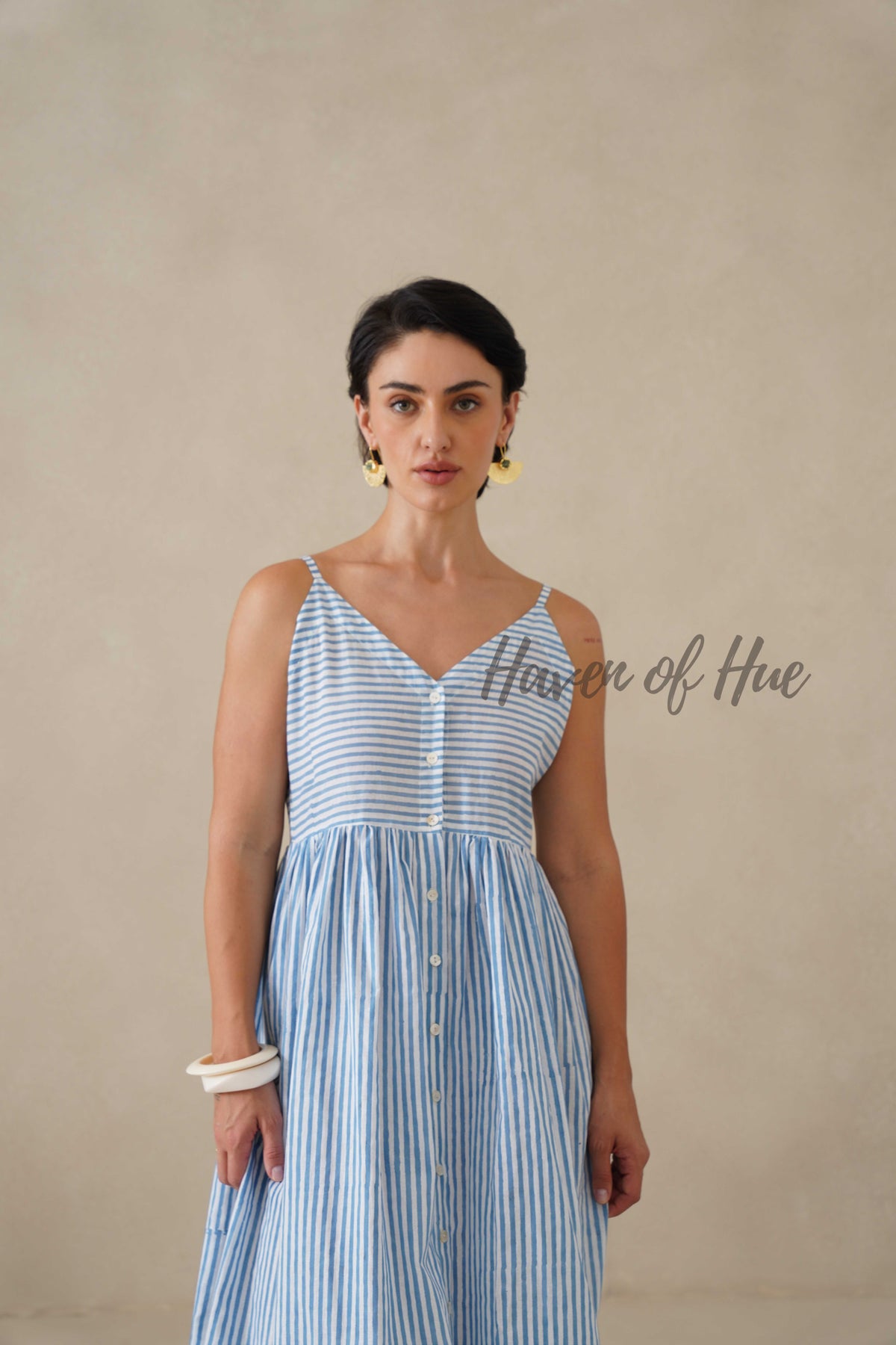 Blue Striped Cotton Dress | Sleeveless Button Down Midi Dress