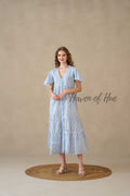 Blue Stripe Maxi Dress Cotton Flutter Sleeve Tiered