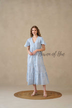 Blue Stripe Maxi Dress Cotton Flutter Sleeve Tiered