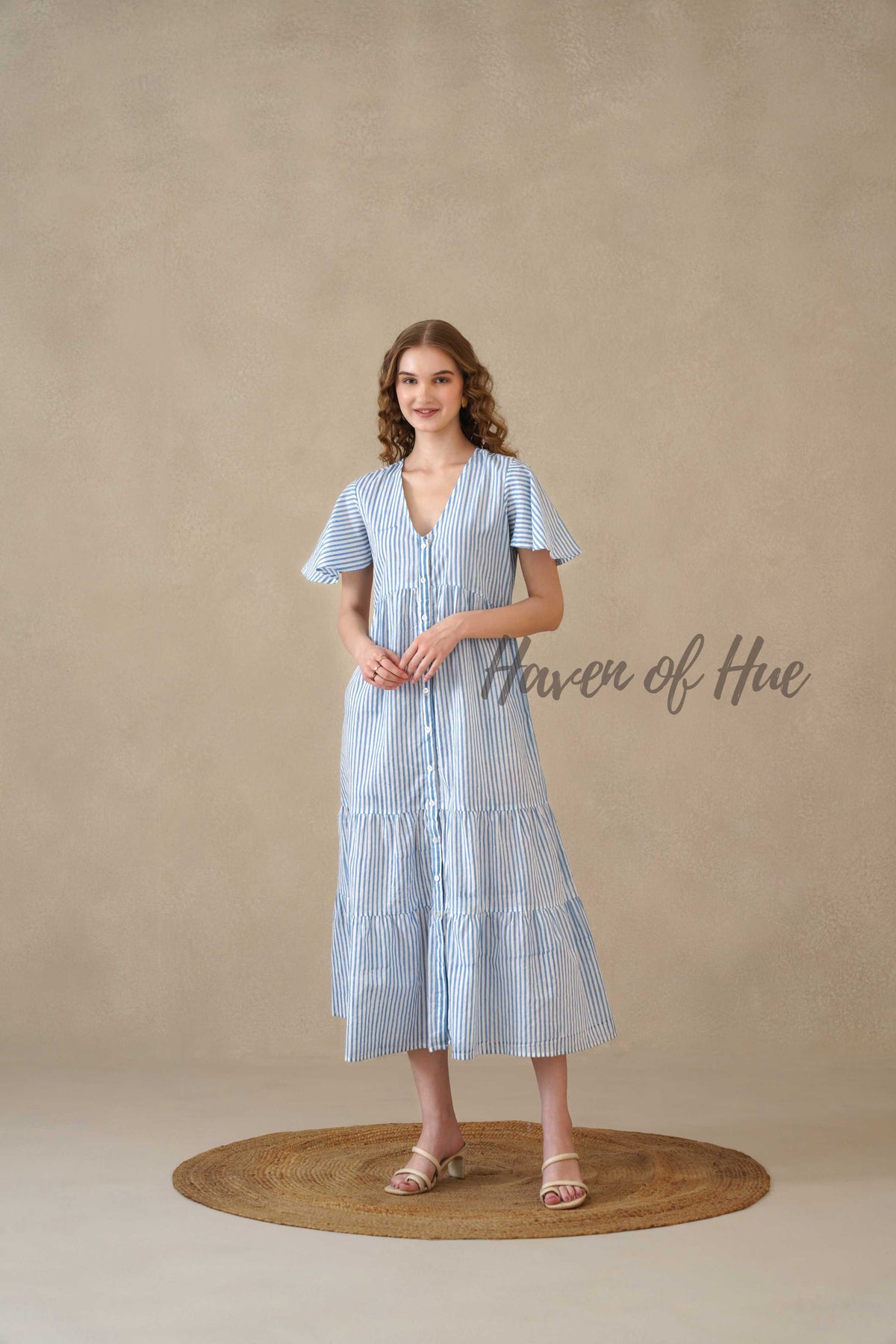 Blue Stripe Maxi Dress Cotton Flutter Sleeve Tiered