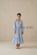Blue Striped Cotton Dress with Long Sleeves, V-Neck Tiered Midi for Women
