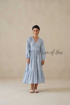 Blue Striped Cotton Dress with Long Sleeves, V-Neck Tiered Midi for Women