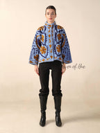 Women's Blue Suzani Velvet Jacket Boho Floral Embroidered Winter Coat