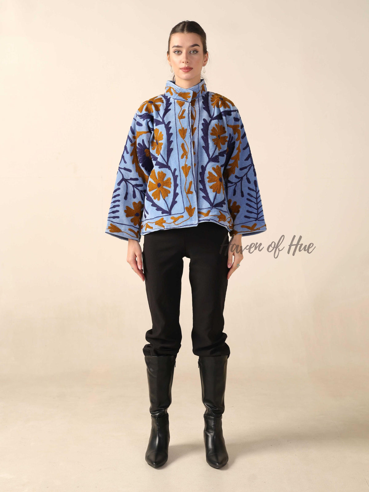Women's Blue Suzani Velvet Jacket Boho Floral Embroidered Winter Coat