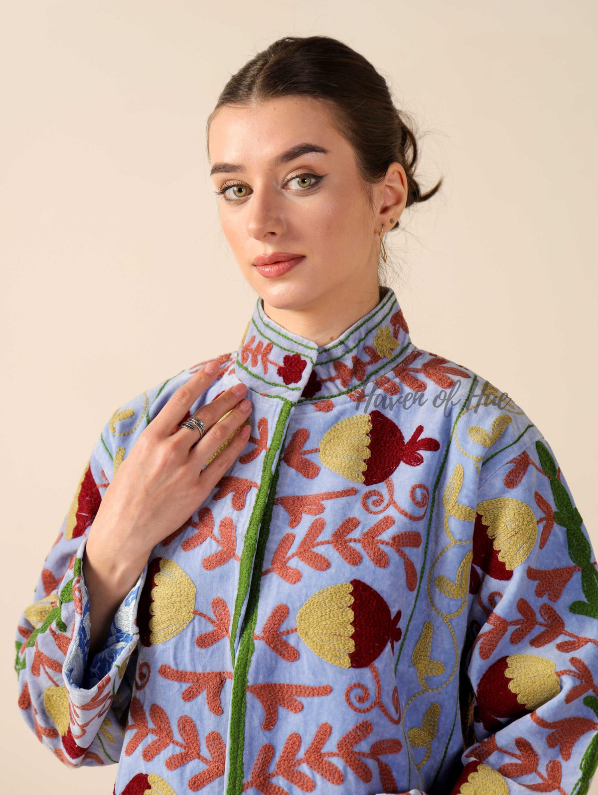 Women's Blue Suzani Velvet Jacket Red Pomegranate Embroidered Boho Coat