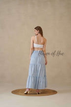 Women's Blue and White Striped Cotton Boho Tiered Maxi Skirt for Summer