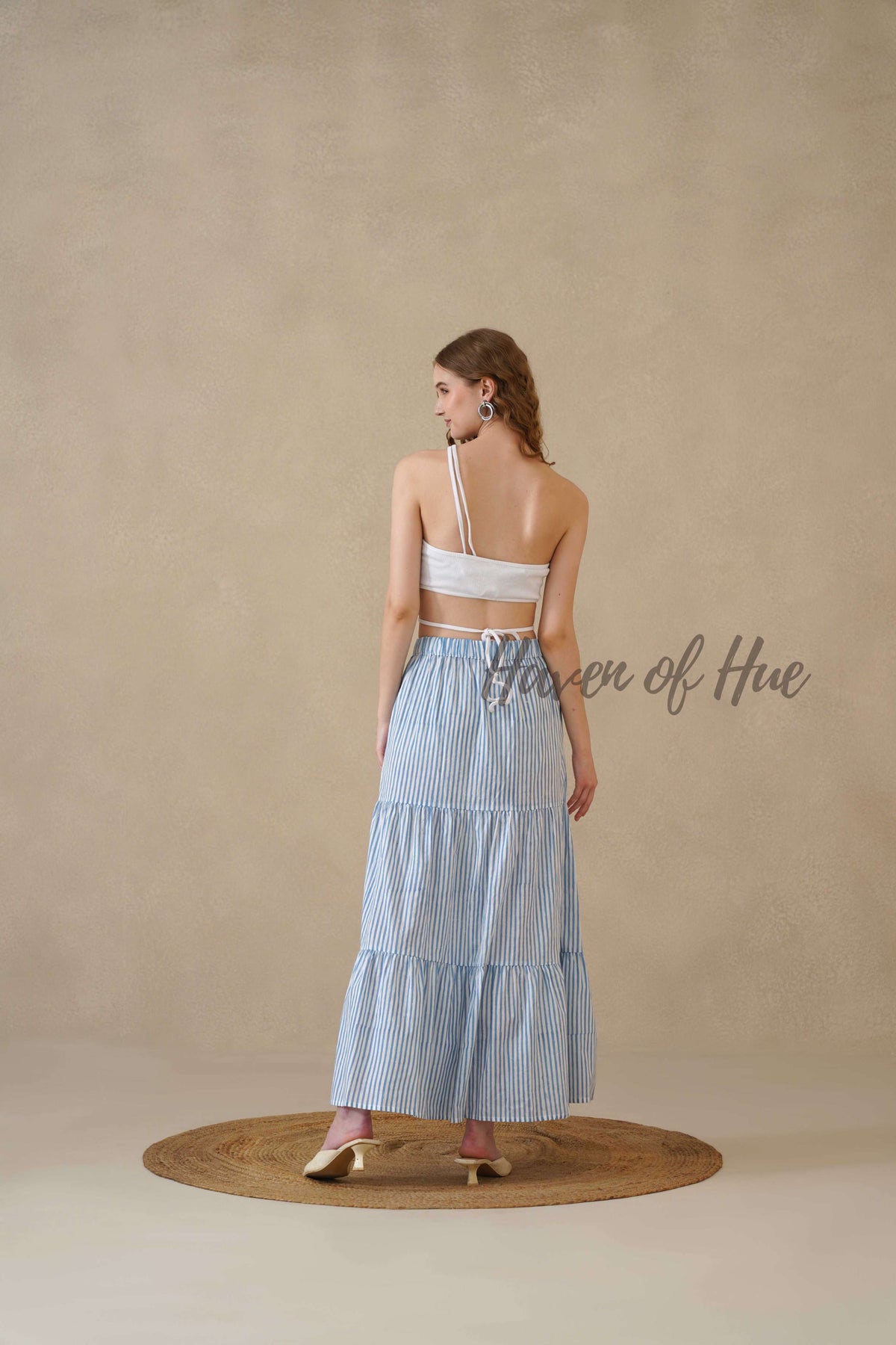 Women's Blue and White Striped Cotton Boho Tiered Maxi Skirt for Summer