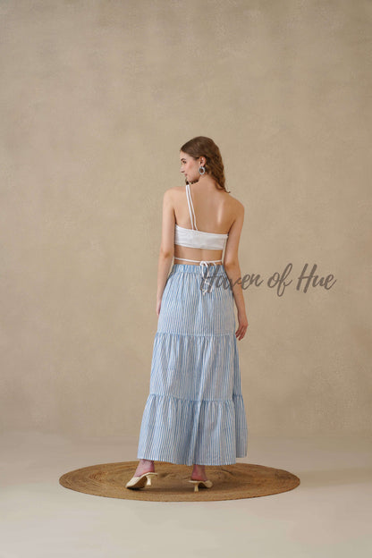 Women's Blue and White Striped Cotton Boho Tiered Maxi Skirt for Summer