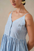Blue Striped Cotton Dress | Sleeveless Button Down Midi Dress