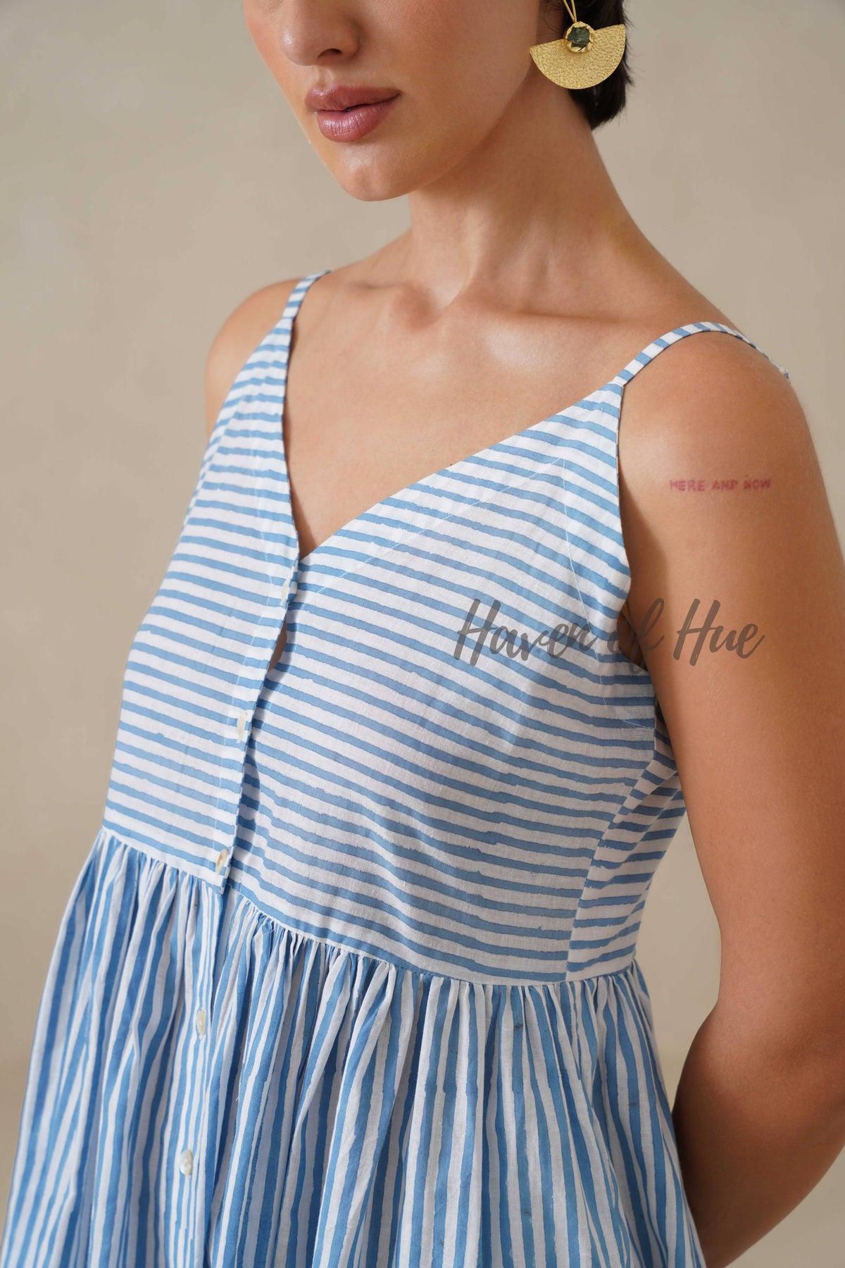 Blue Striped Cotton Dress | Sleeveless Button Down Midi Dress
