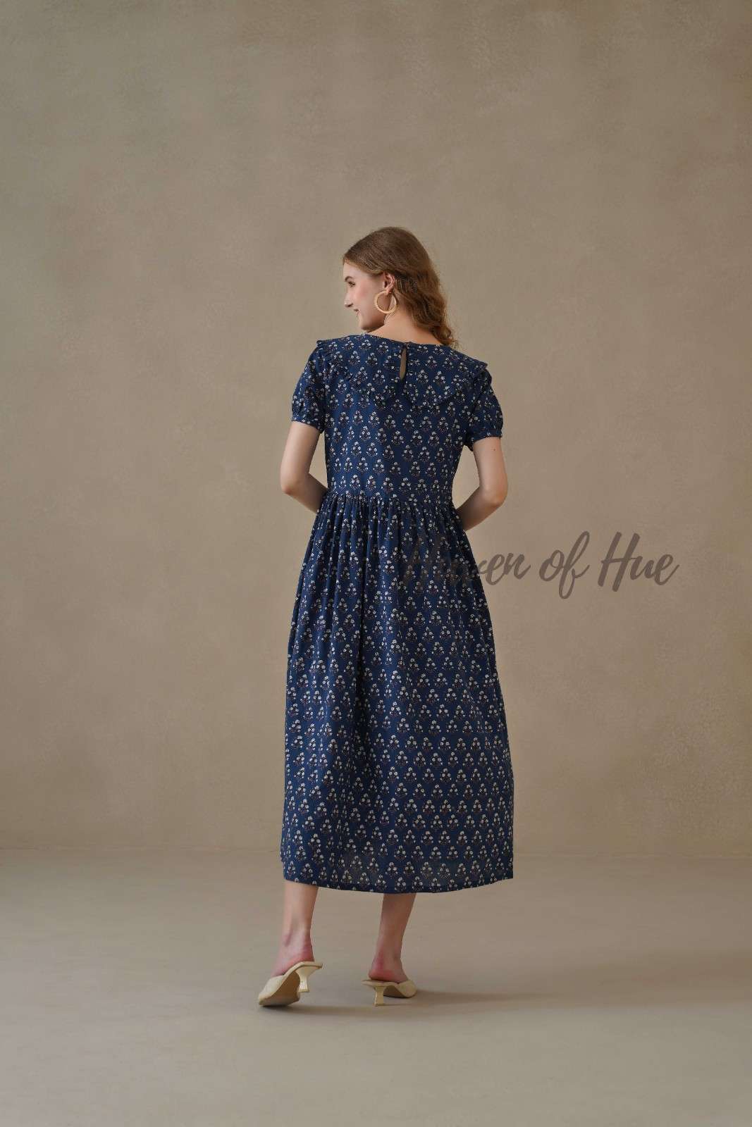 Peter Pan Collar Cotton Midi Dress, Hand Block Print Summer Dress with Pockets