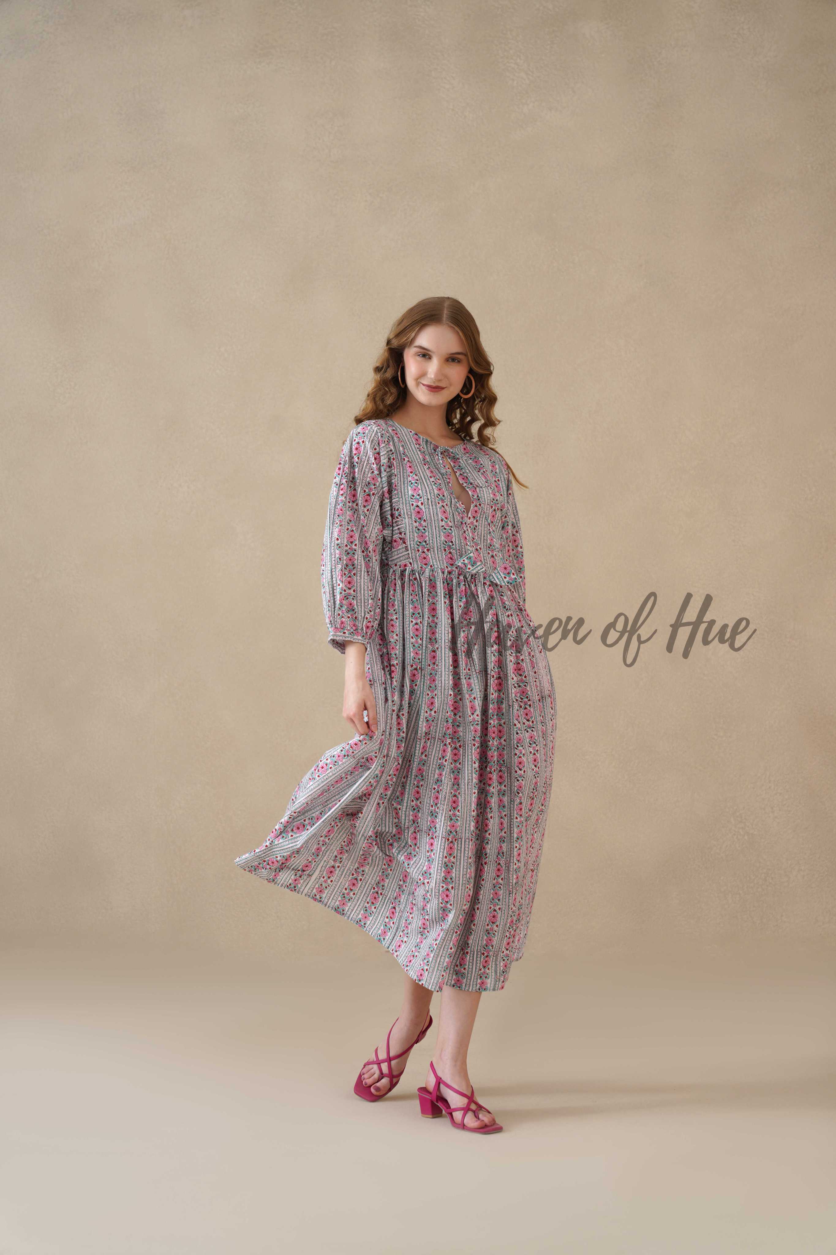 Pink Floral Cotton Midi Dress with Long Sleeves