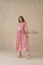 Pink Floral Cotton Midi Dress with Long Sleeves
