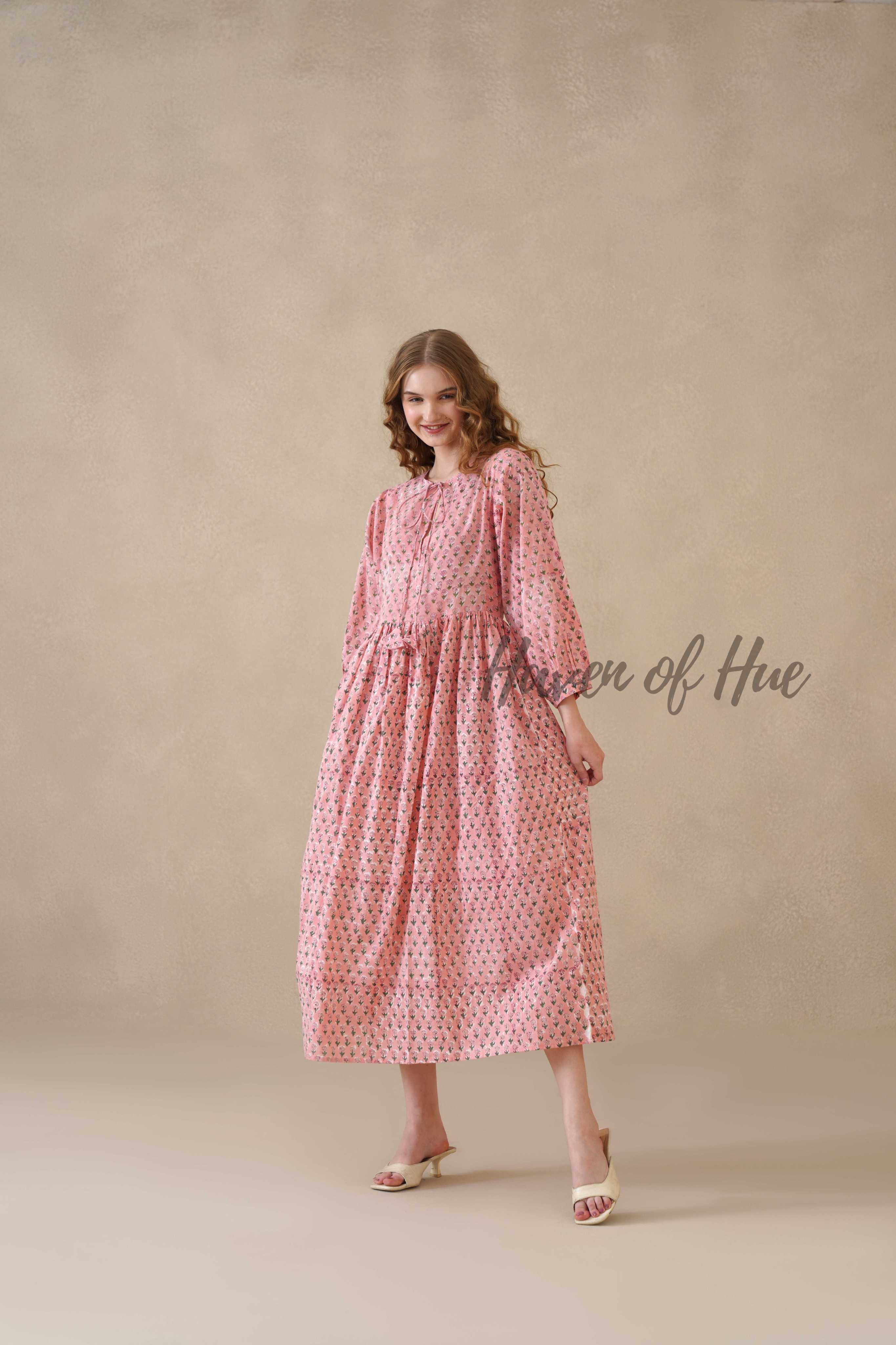 Pink Floral Cotton Midi Dress with Long Sleeves