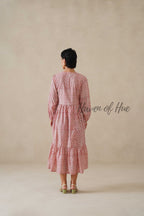 Cotton Midi Dress Summer Boho Floral Print, Blush Pink Long Sleeve Tiered Dress