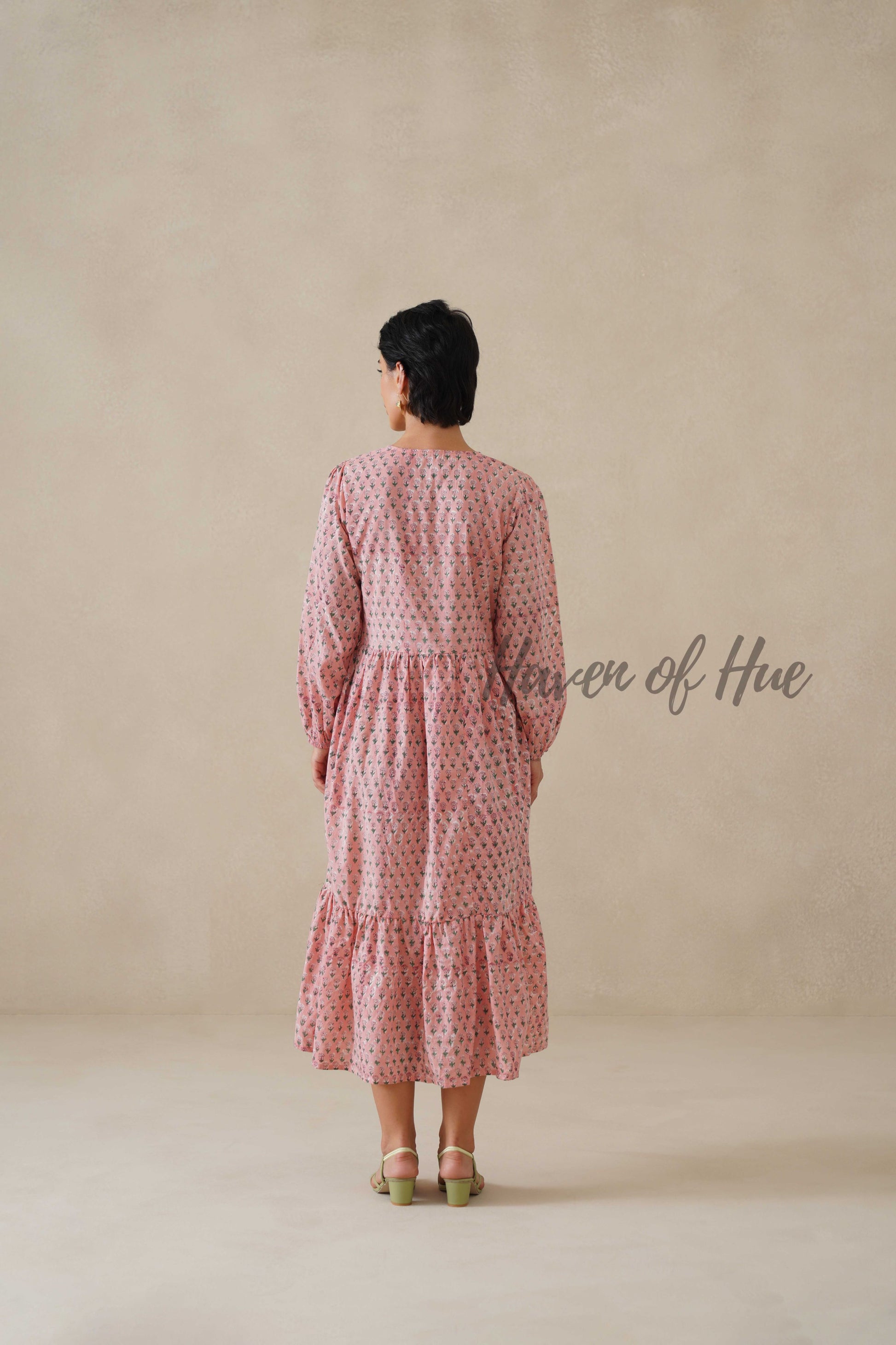 Cotton Midi Dress Summer Boho Floral Print, Blush Pink Long Sleeve Tiered Dress