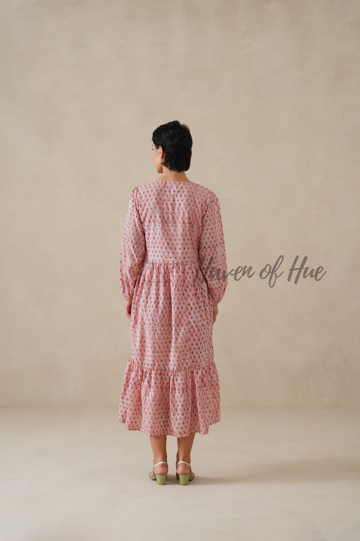 Cotton Midi Dress Summer Boho Floral Print, Blush Pink Long Sleeve Tiered Dress