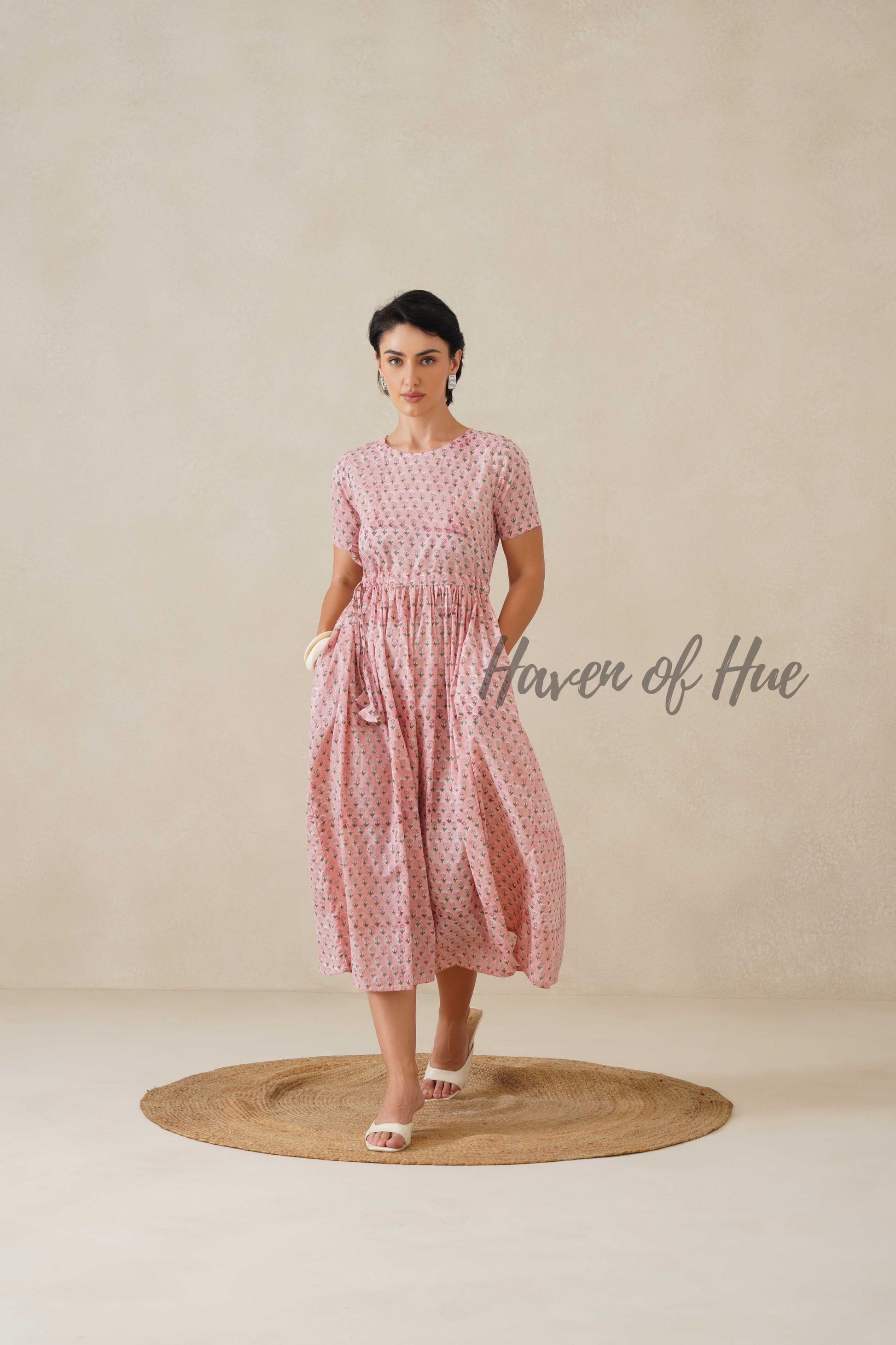 Blush Pink Floral Cotton Midi Dress - Boho Cottagecore Summer Dress