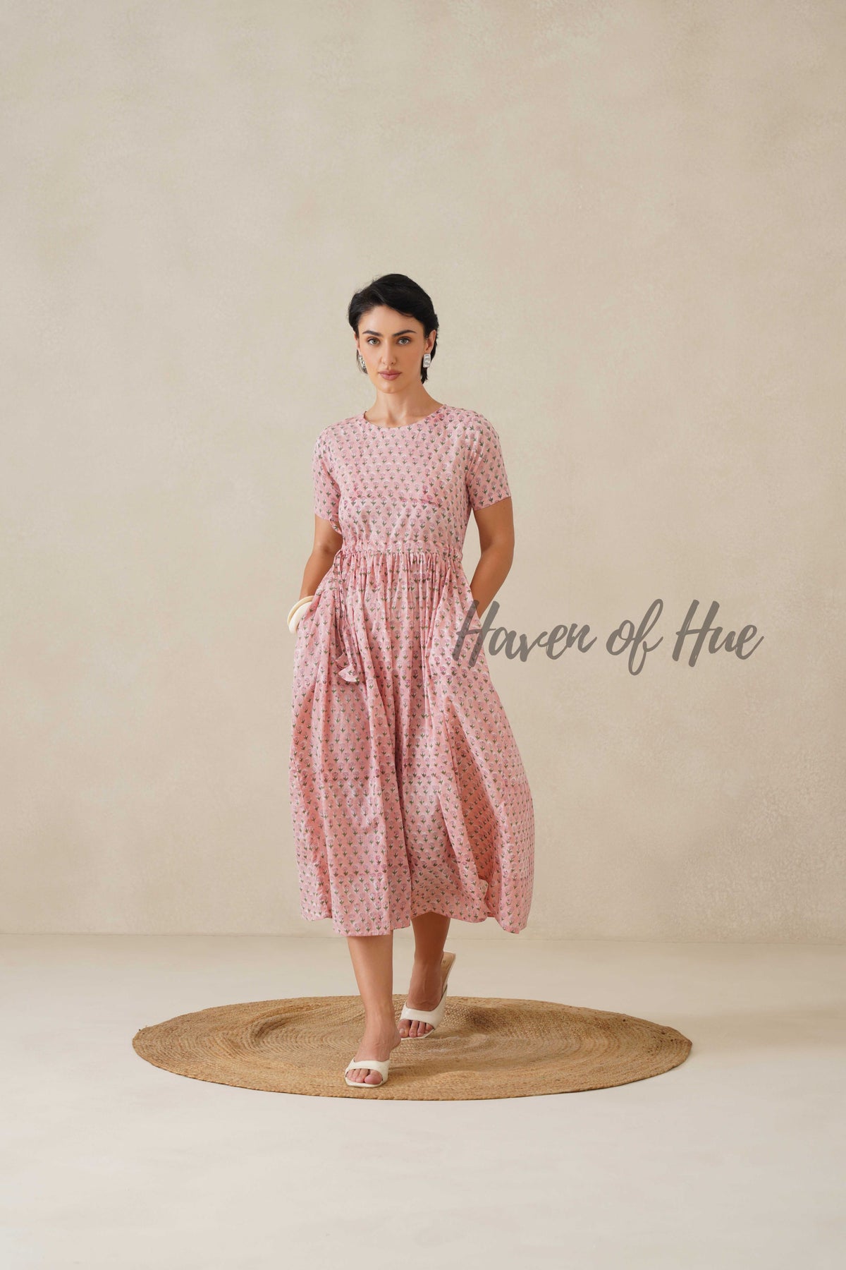 Blush Pink Floral Cotton Midi Dress - Boho Cottagecore Summer Dress