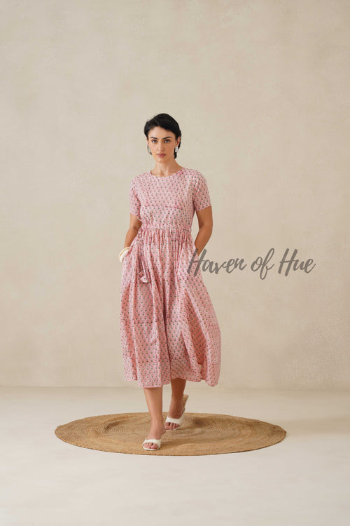 Blush Pink Floral Cotton Midi Dress - Boho Cottagecore Summer Dress