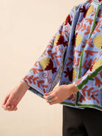 Women's Blue Suzani Velvet Jacket Red Pomegranate Embroidered Boho Coat