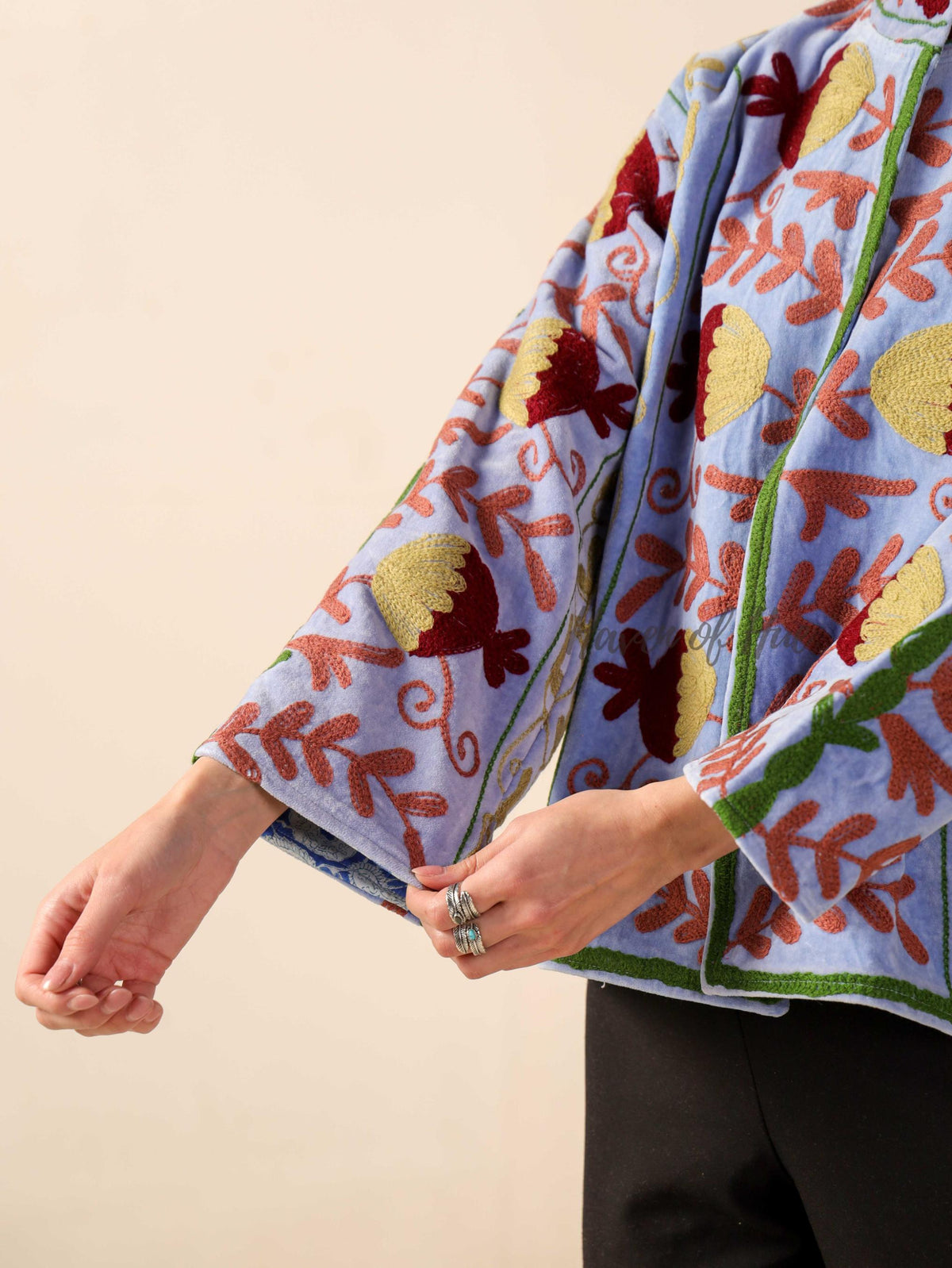 Women's Blue Suzani Velvet Jacket Red Pomegranate Embroidered Boho Coat
