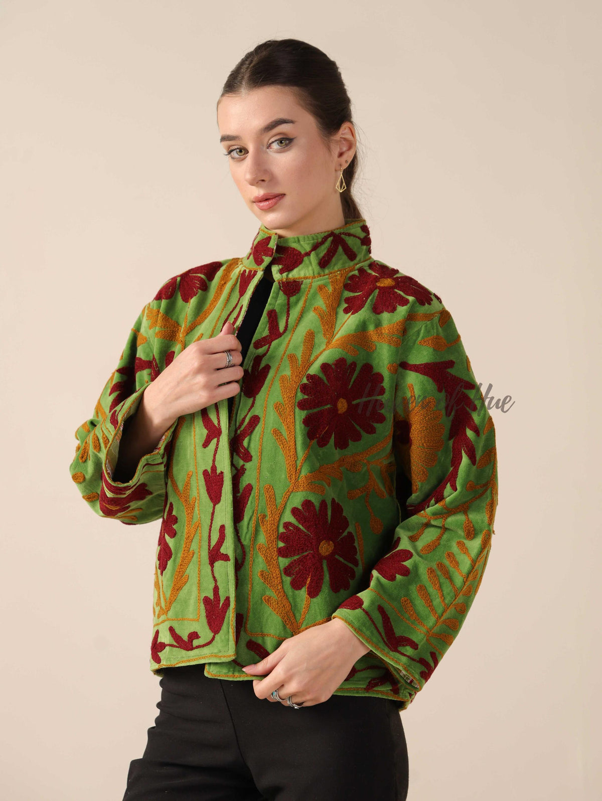 Women's Green Suzani Velvet Jacket Boho Maroon Floral Embroidered Coat