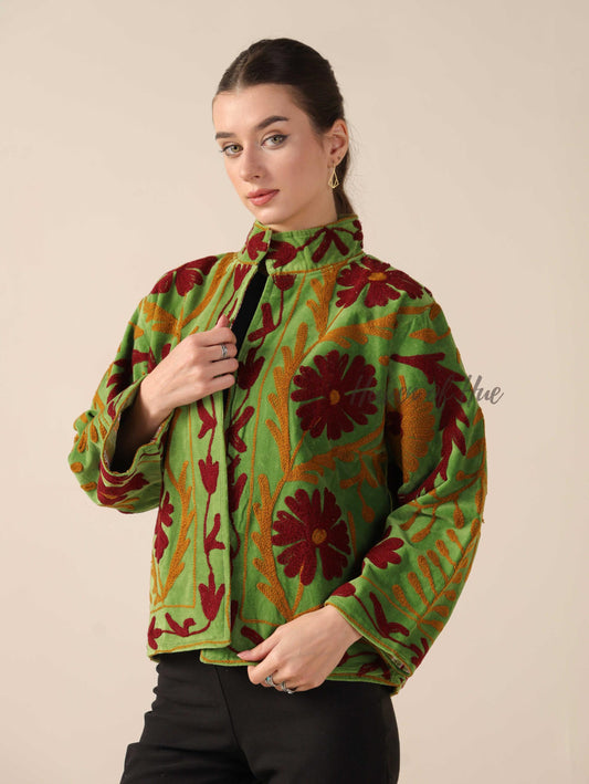 Women's Green Suzani Velvet Jacket Boho Maroon Floral Embroidered Coat