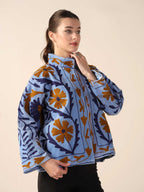 Women's Blue Suzani Velvet Jacket Boho Floral Embroidered Winter Coat