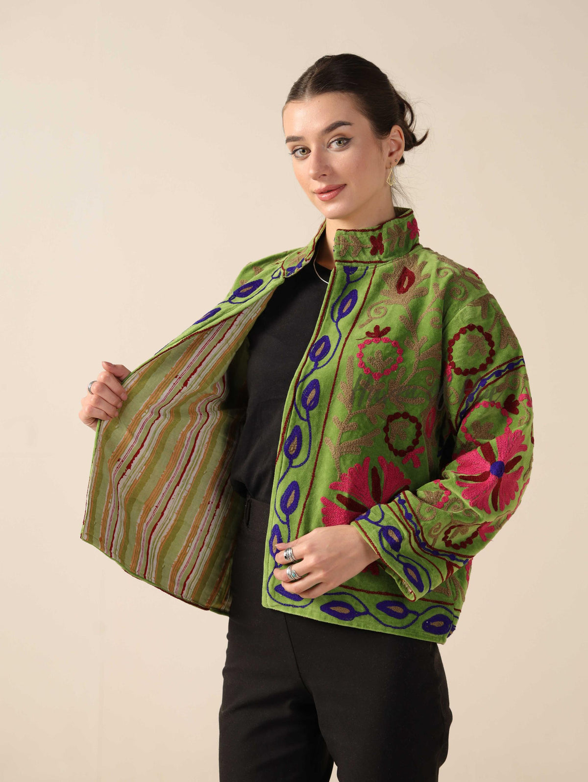 Women's Green Suzani Velvet Jacket Pink Floral Embroidered Boho Coat