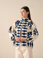 Women's Cream Suzani Velvet Jacket Navy Blue Embroidered Boho Minimalist Coat