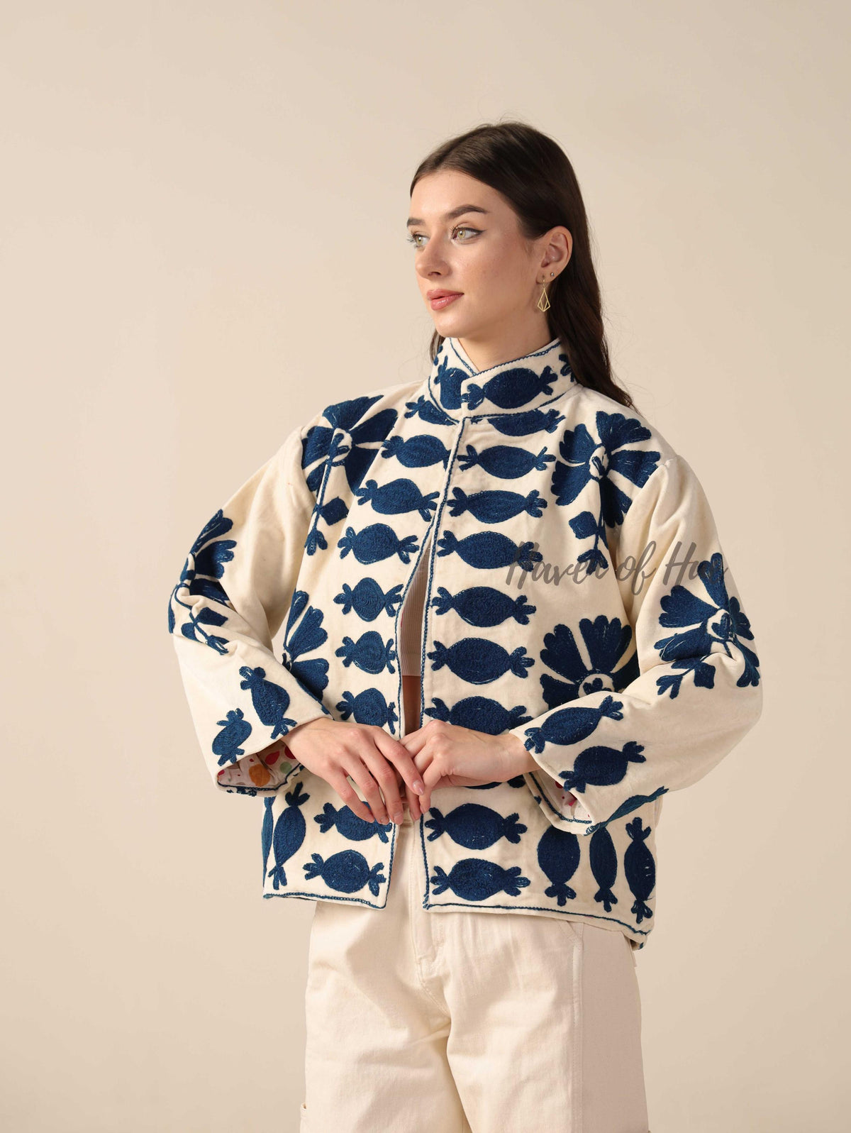 Women's Cream Suzani Velvet Jacket Navy Blue Embroidered Boho Minimalist Coat