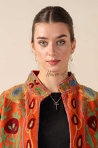 Women's Rust Orange Suzani Velvet Jacket Multi Color Embroidered Boho Coat