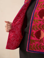 Women's Pink Suzani Velvet Jacket Maroon Floral Embroidered Boho Coat