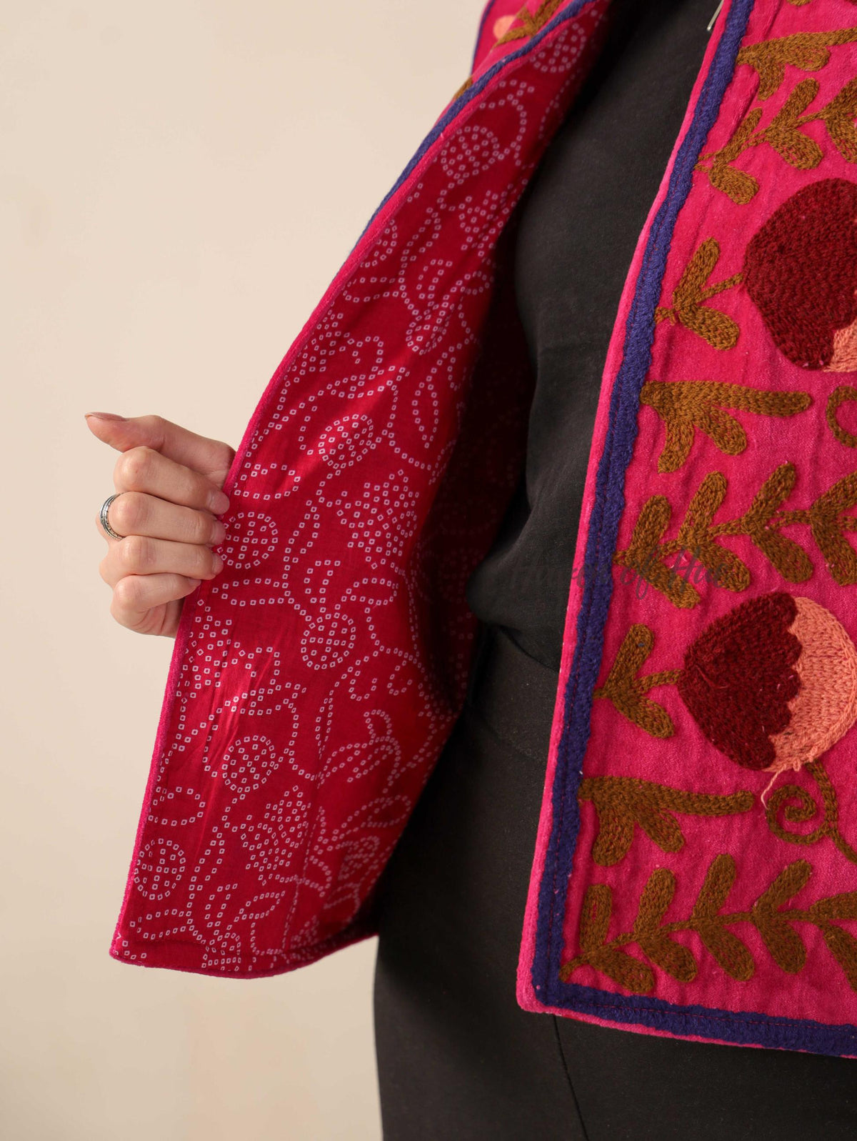 Women's Pink Suzani Velvet Jacket Maroon Floral Embroidered Boho Coat
