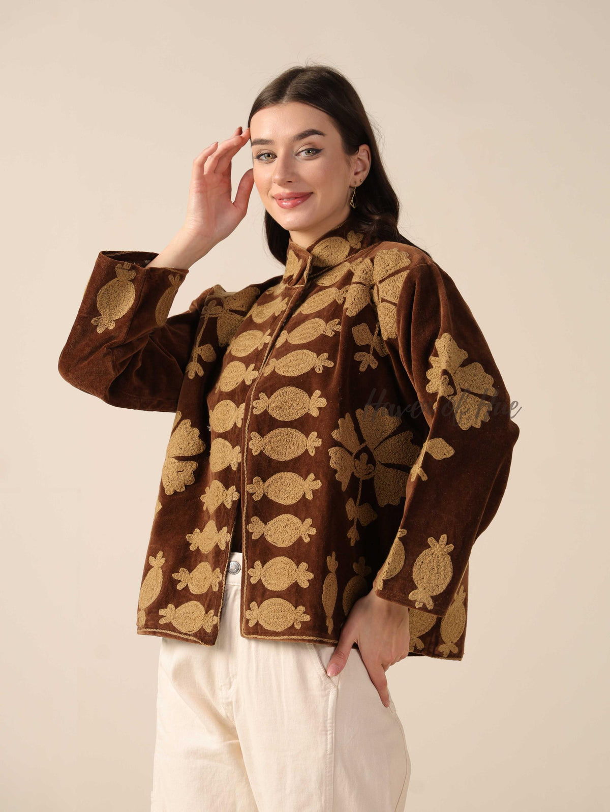 Women's Brown Suzani Velvet Jacket Gold Embroidered Boho Minimalist Fall Coat