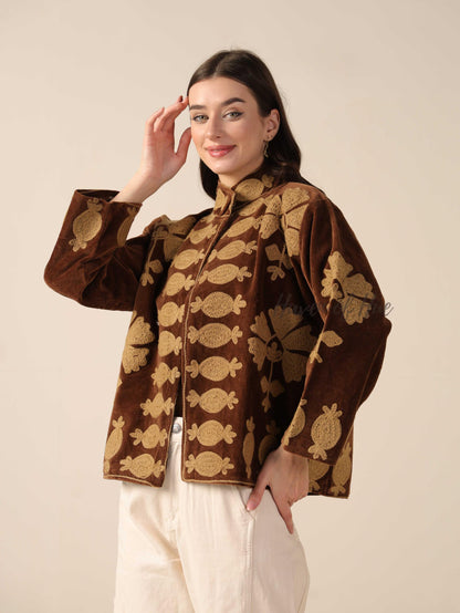 Women's Brown Suzani Velvet Jacket Gold Embroidered Boho Minimalist Fall Coat
