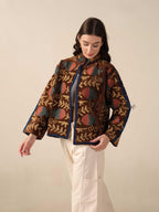 Brown Suzani Velvet Jacket Teal Floral Embroidered Boho Artisanal Statement Coat