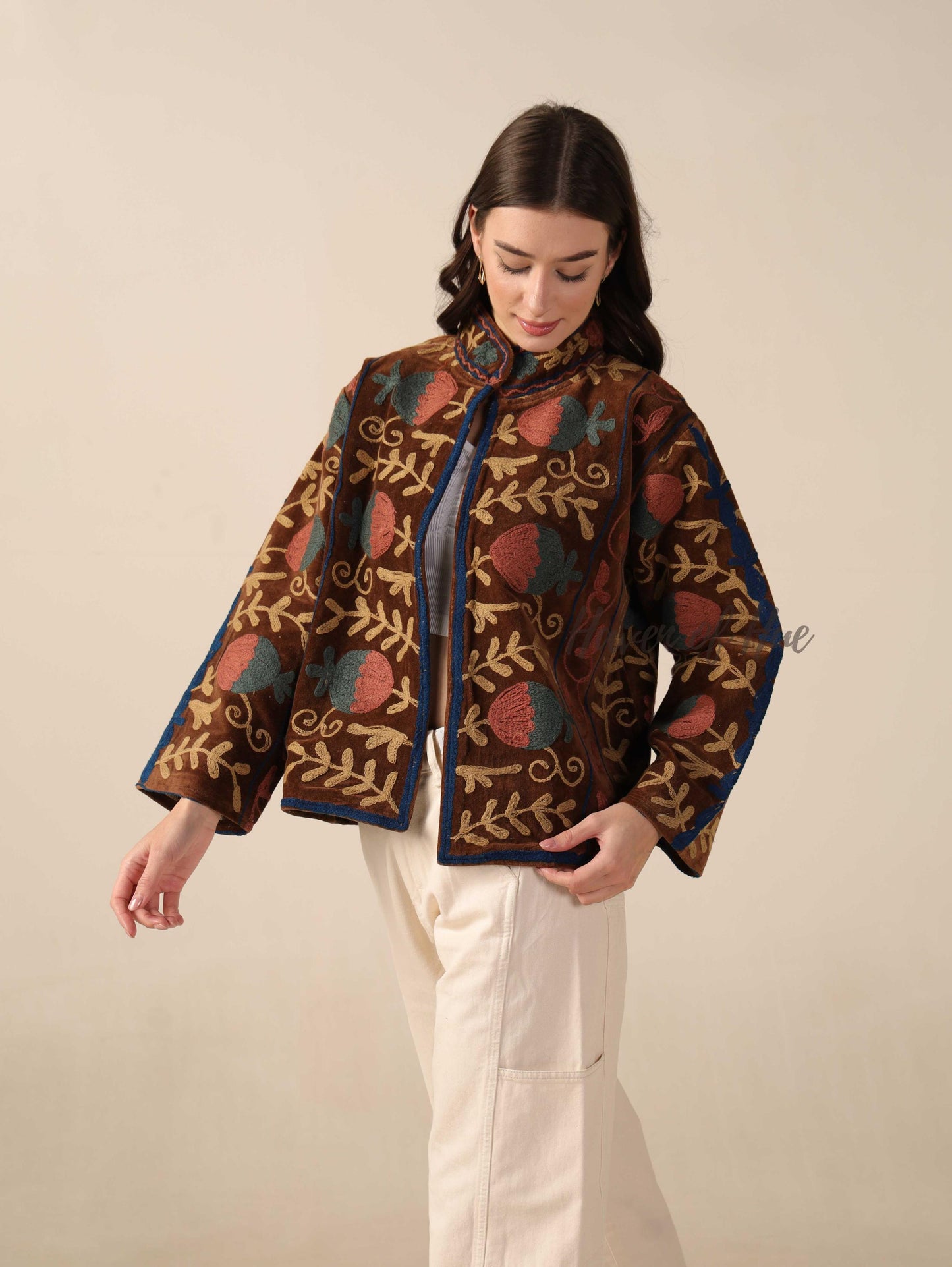 Brown Suzani Velvet Jacket Teal Floral Embroidered Boho Artisanal Statement Coat