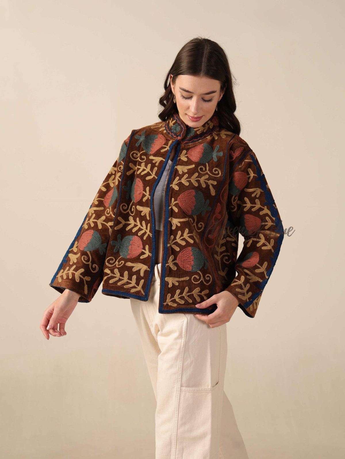 Brown Suzani Velvet Jacket Teal Floral Embroidered Boho Artisanal Statement Coat