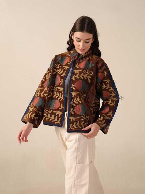 Brown Suzani Velvet Jacket Teal Floral Embroidered Boho Artisanal Statement Coat