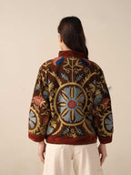 Women's Handcrafted Brown Suzani Velvet Jacket Floral Embroidered Boho Statement Coat