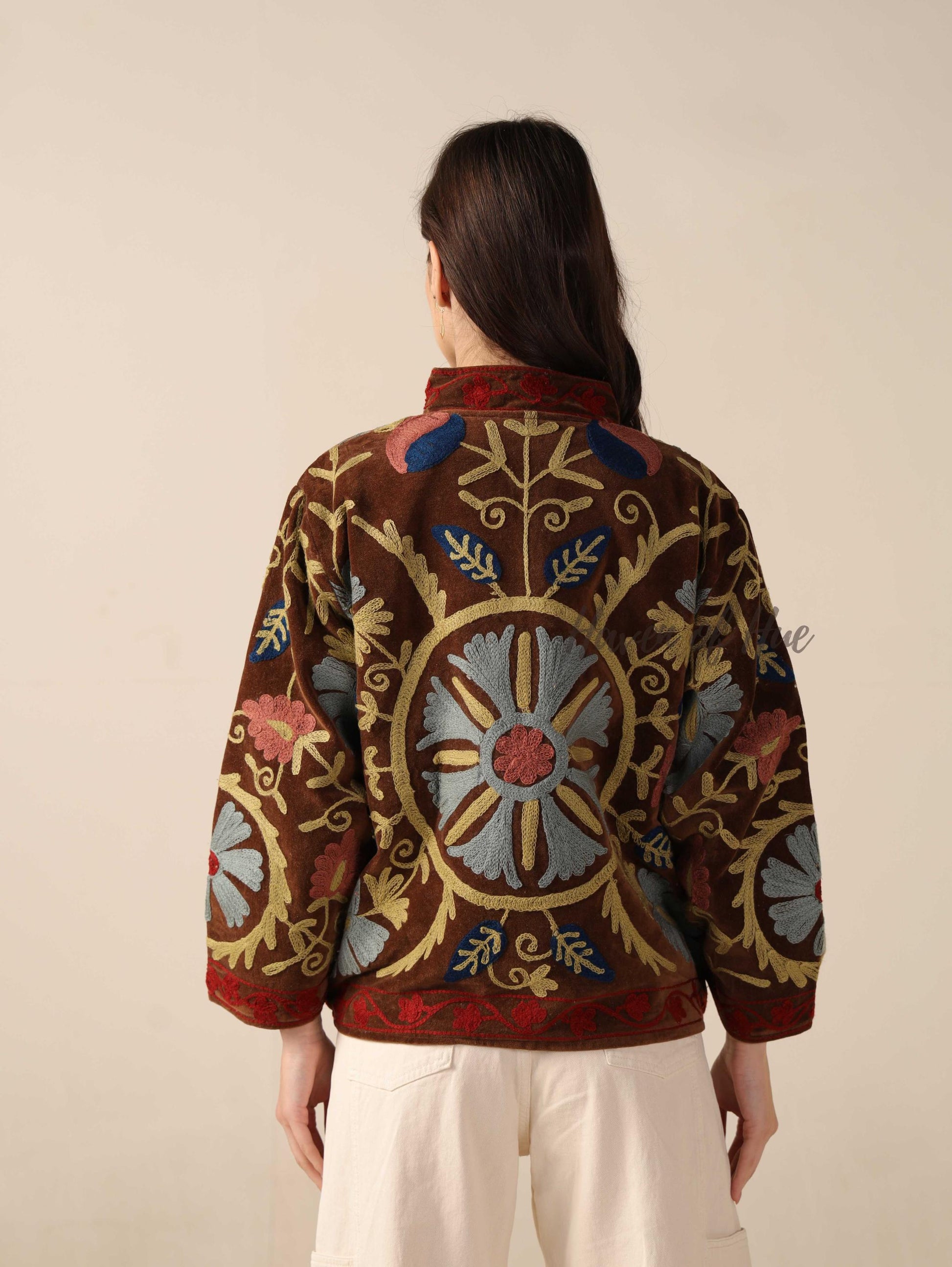 Women's Handcrafted Brown Suzani Velvet Jacket Floral Embroidered Boho Statement Coat