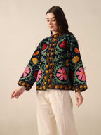 Black Suzani Velvet Jacket Pink Green Floral Embroidered Boho Chic Coat