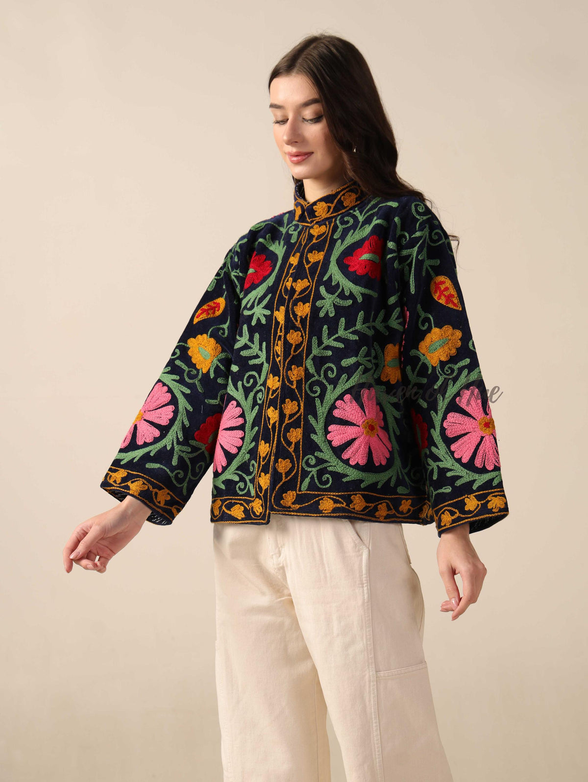 Black Suzani Velvet Jacket Pink Green Floral Embroidered Boho Chic Coat