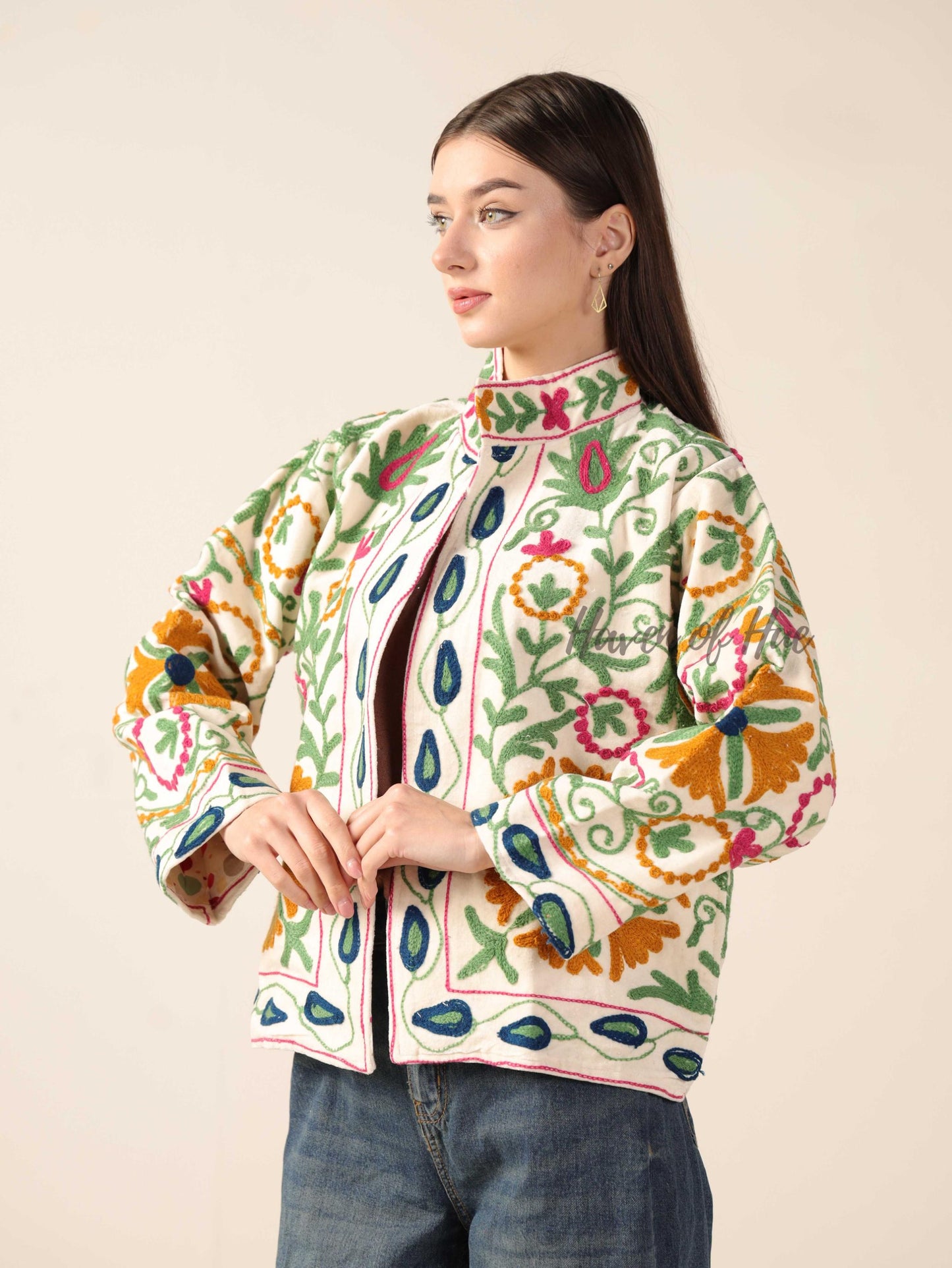 Women's Hand-Embroidered Suzani Velvet Jacket Boho Floral Artisanal Chic Outerwear