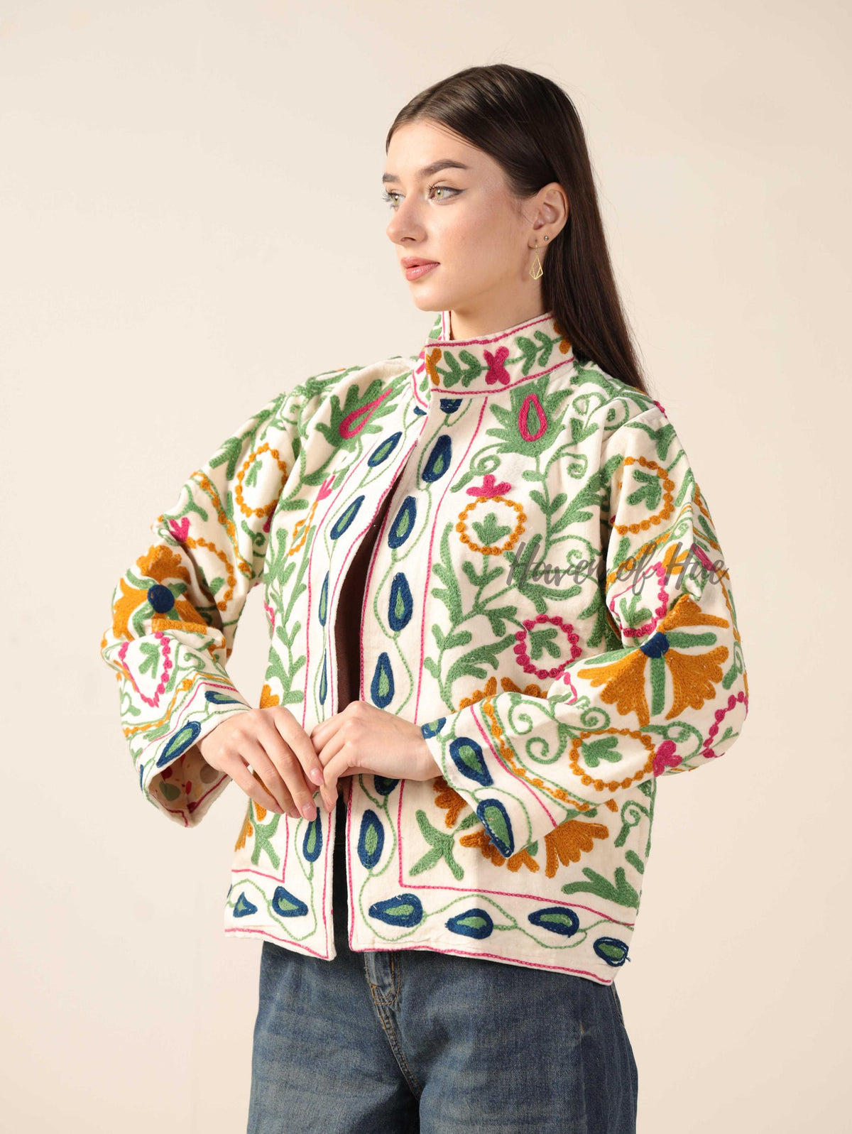 Women's Hand-Embroidered Suzani Velvet Jacket Boho Floral Artisanal Chic Outerwear